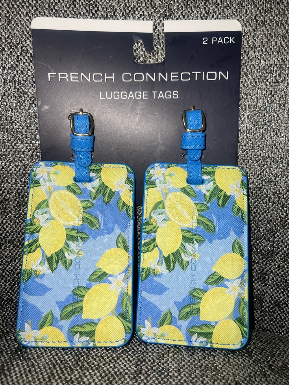 French Connection Blue and Yellow Lemon Print Luggage Tag Set